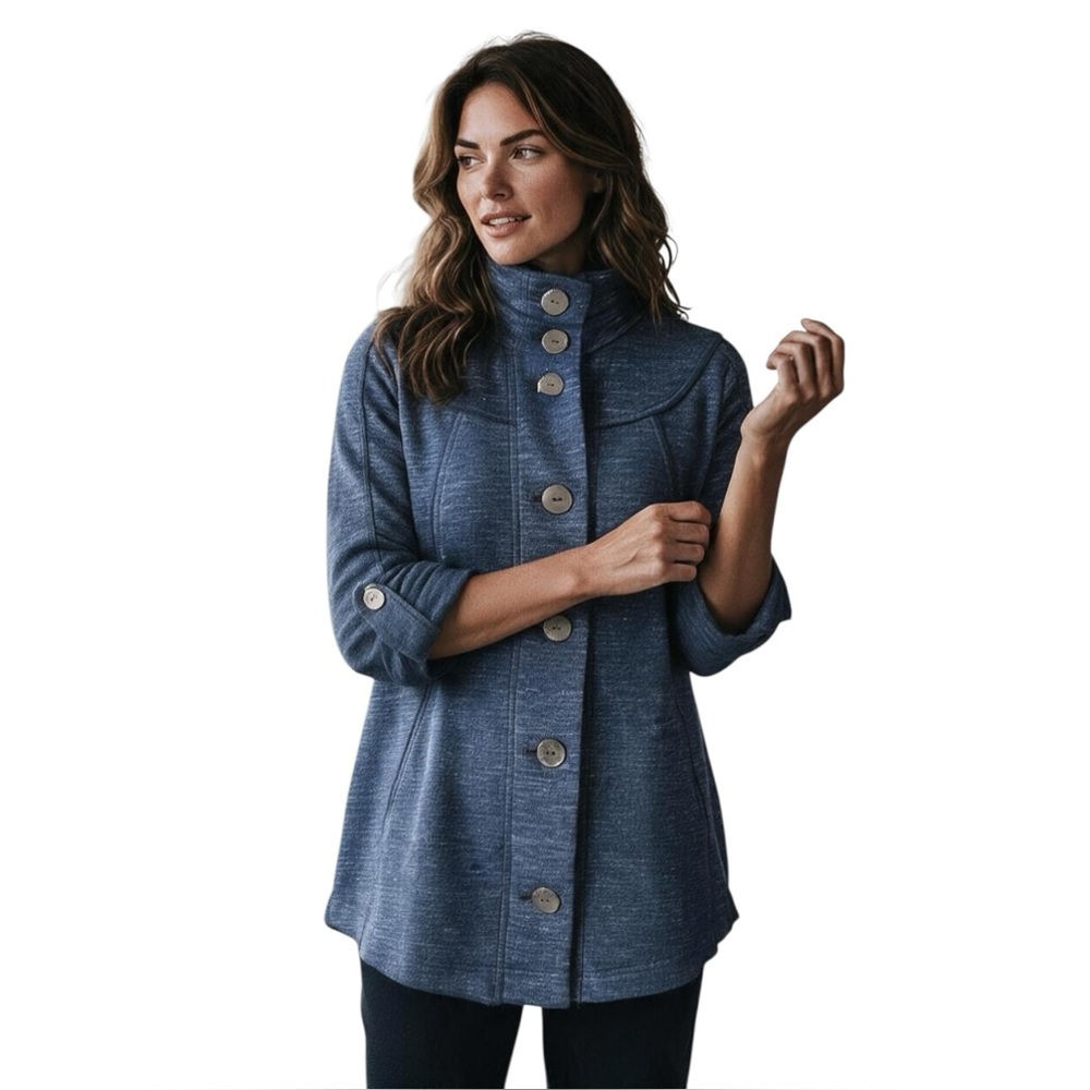 Neon Buddha Funnel Neck Linen Look Lagenlook Button Front Shirt Jacket
